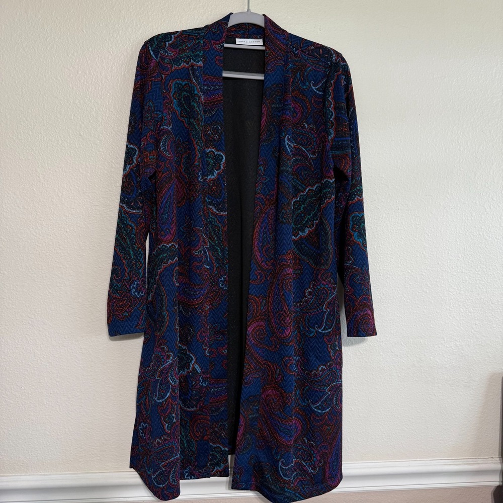 Susan Graver Cardigan Womens Medium Petite‎ Blue Paisley Open Front Long Sleeve